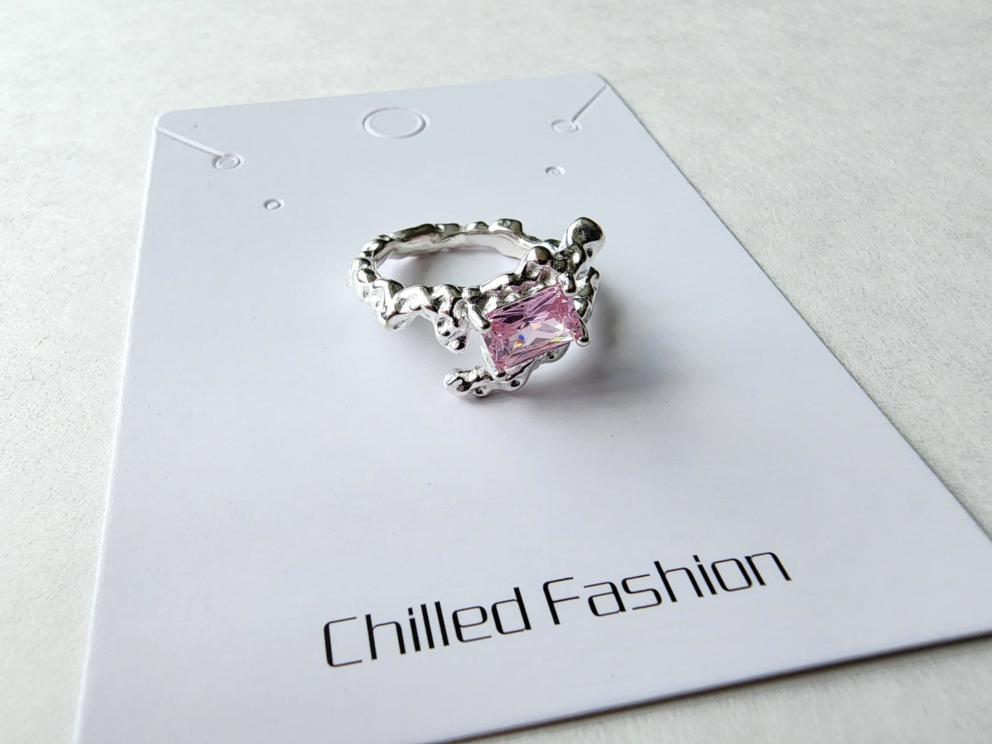 [Ring] Sterling Silver Open Cross Band Ring with Pink Zirconia