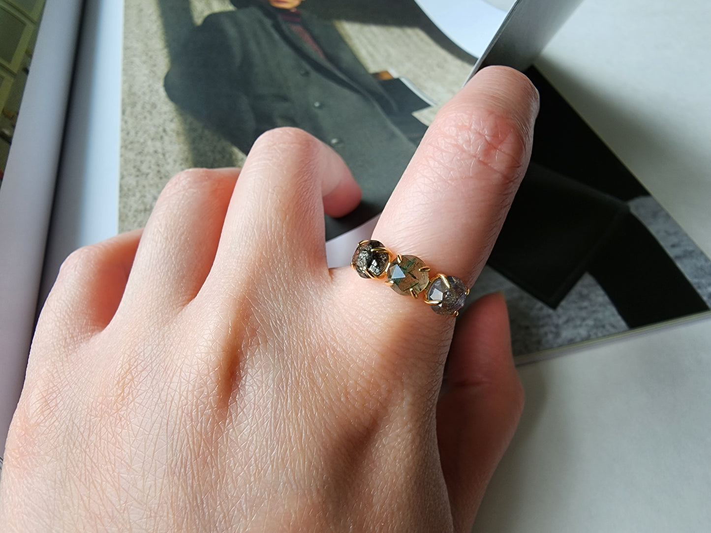 [Ring] Gold Plated Sterling Silver Ring with Blue, Green and Black Rutilated Quartz Stones