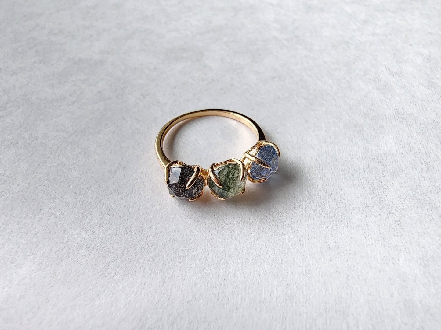 [Ring] Gold Plated Sterling Silver Ring with Blue, Green and Black Rutilated Quartz Stones