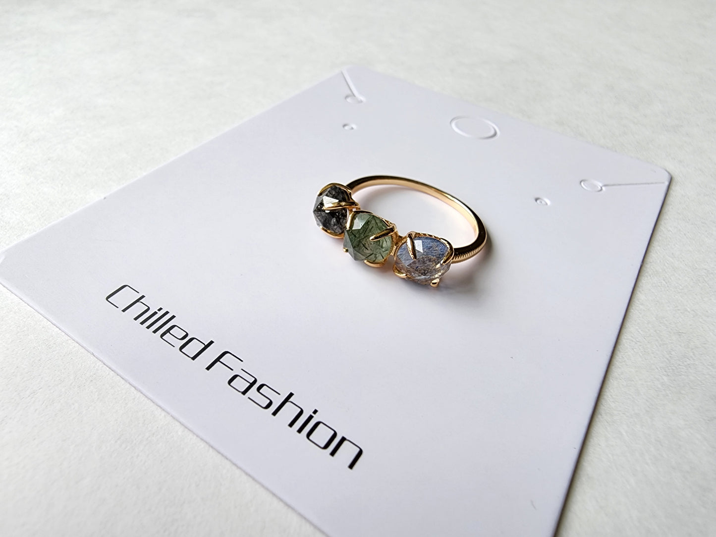 [Ring] Gold Plated Sterling Silver Ring with Blue, Green and Black Rutilated Quartz Stones