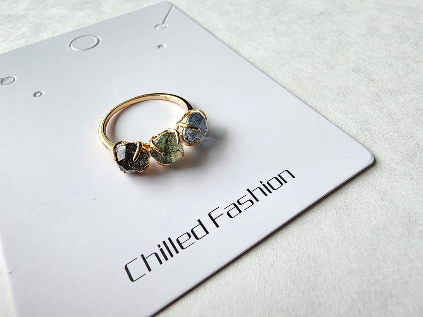 [Ring] Gold Plated Sterling Silver Ring with Blue, Green and Black Rutilated Quartz Stones