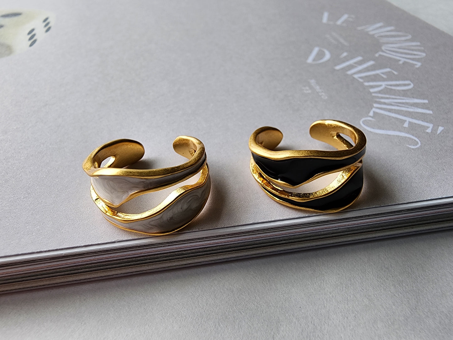 [Ring] Adjustable Gold-Plated Brass Open Ring with Enamel Surface