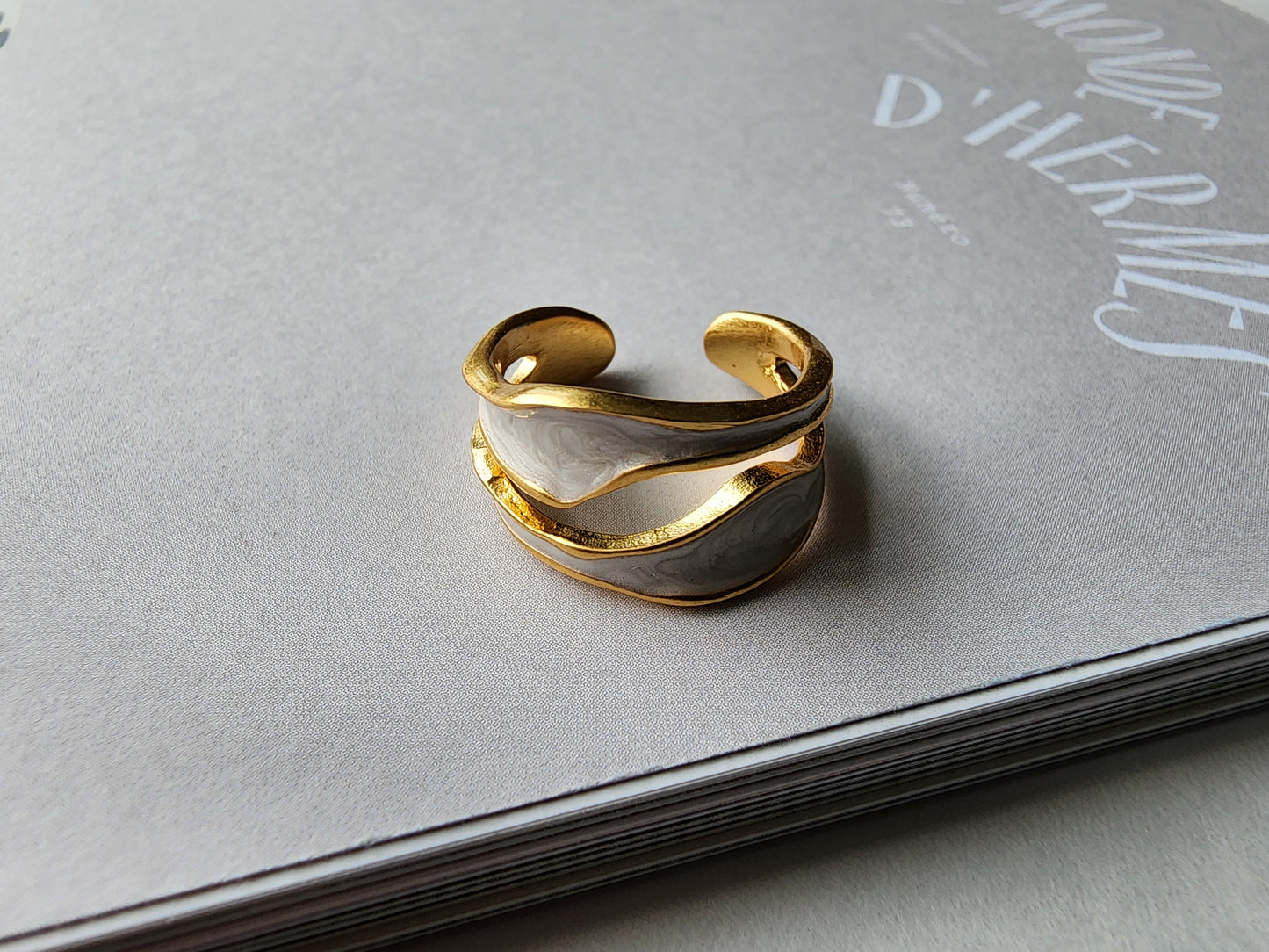 [Ring] Adjustable Gold-Plated Brass Open Ring with Enamel Surface