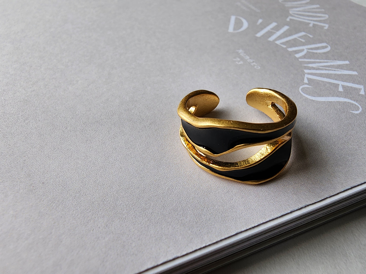 [Ring] Adjustable Gold-Plated Brass Open Ring with Enamel Surface