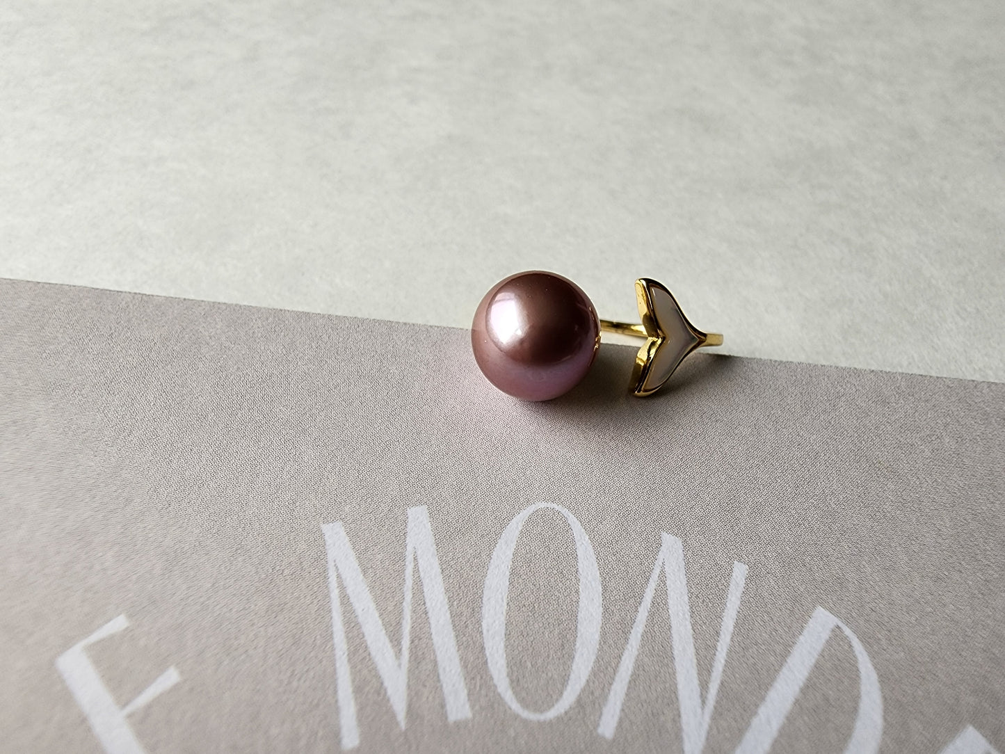 [Ring] Gold Plated Sterling Silver Open Ring with Purple Pearl and Fish Tail Design