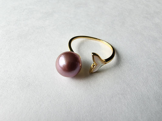 [Ring] Gold Plated Sterling Silver Open Ring with Purple Pearl and Fish Tail Design