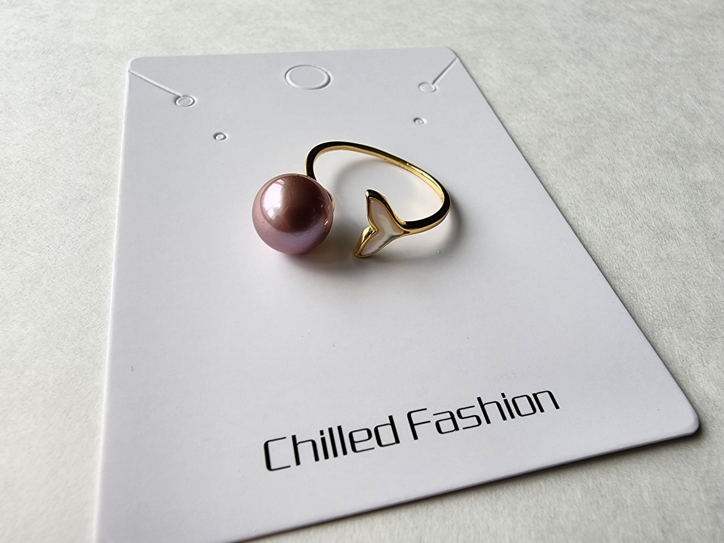 [Ring] Gold Plated Sterling Silver Open Ring with Purple Pearl and Fish Tail Design