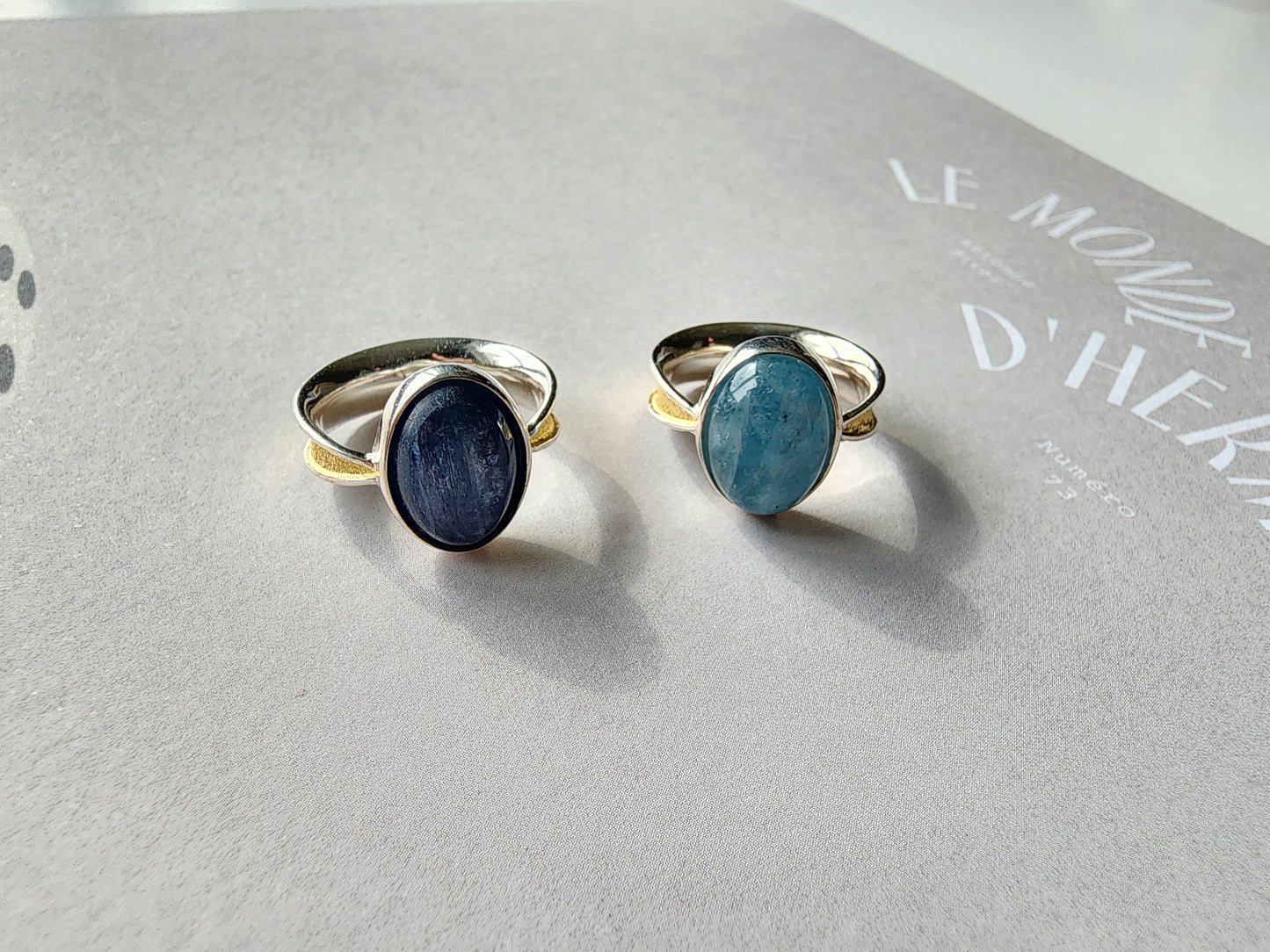 [Ring] Sterling Silver Solitaire Ring with Natural Aquamarine or Kyanite Stone