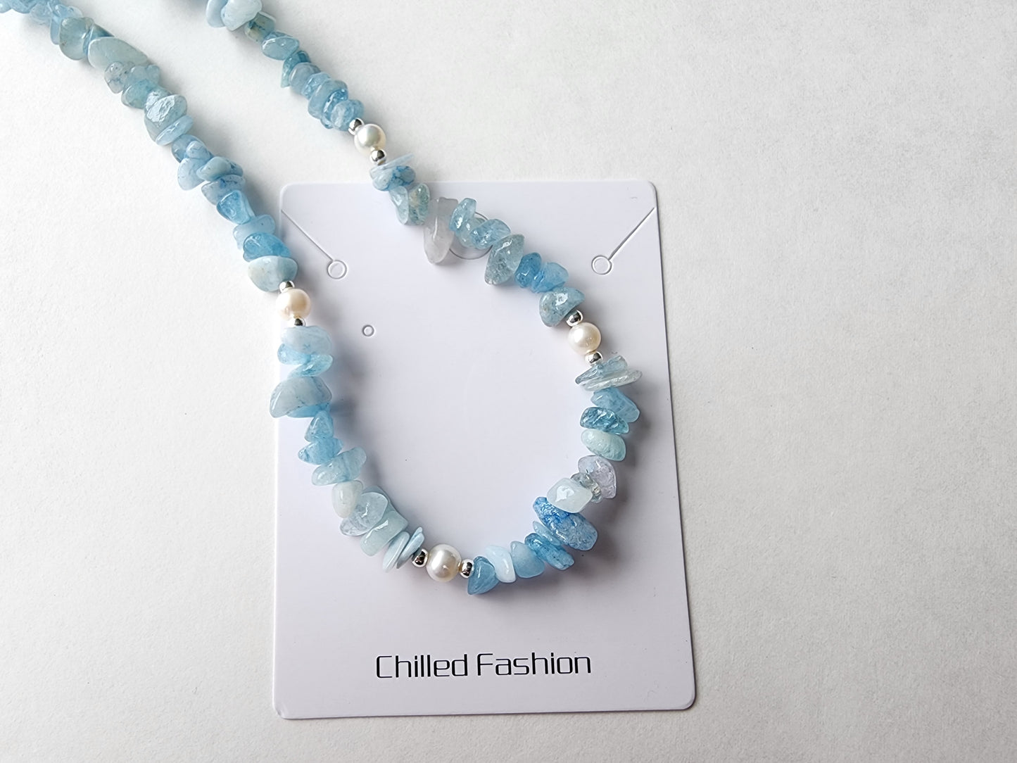 [Necklace] Elegant Freshwater Pearl and Aquamarine Necklace in Sterling Silver