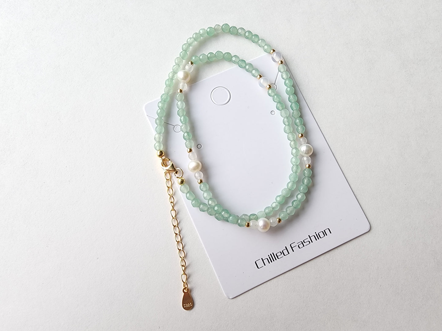 [Necklace] Elegant Green and White Quartz, Freshwater Pearl and Sterling Silver Necklace