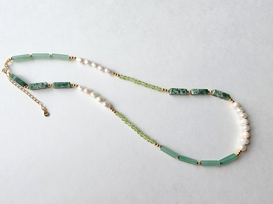 [Necklace] Elegant Sterling Silver Necklace with Olivine, Freshwater Pearls, Xiu Yu Jade, and Green Point Stones