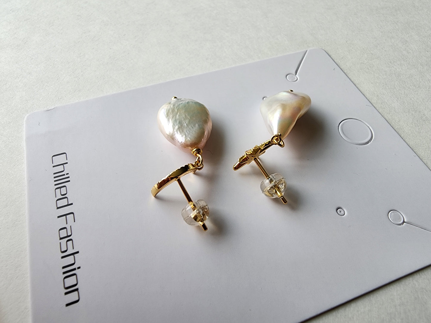 [Earrings] Celestial Sterling Silver Earrings with Baroque Pearls - Moon and Star Design