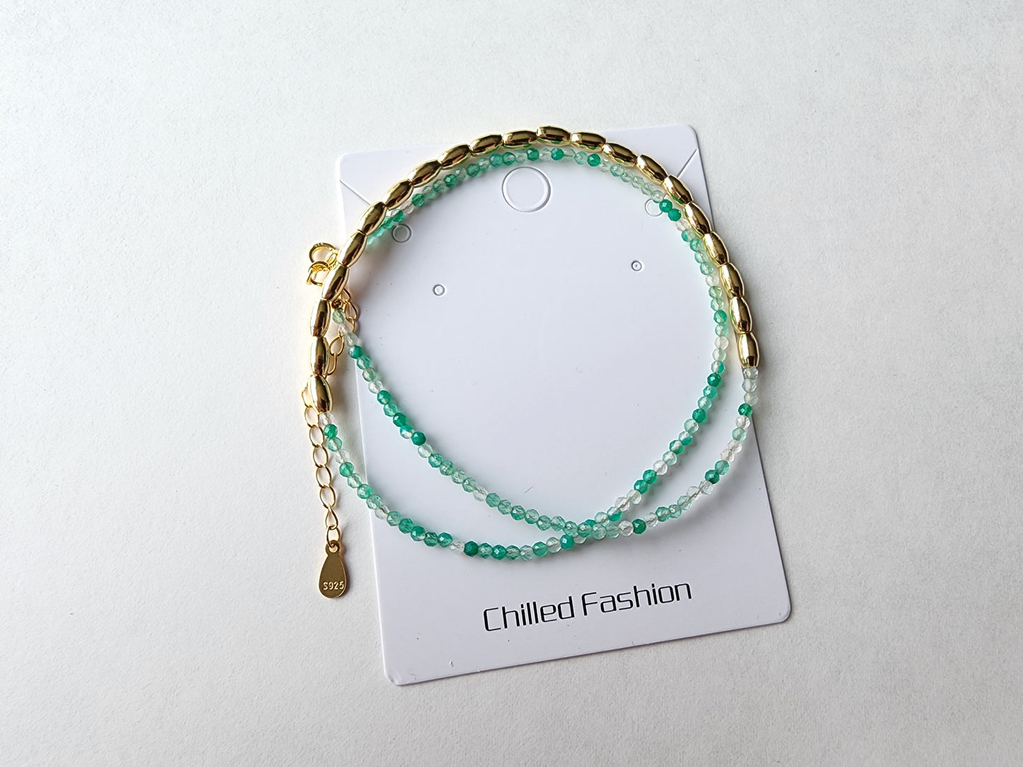 [Necklace] Elegant Gold-Plated Sterling Silver and Green Agate Beaded Necklace with Millet-Shaped Accents