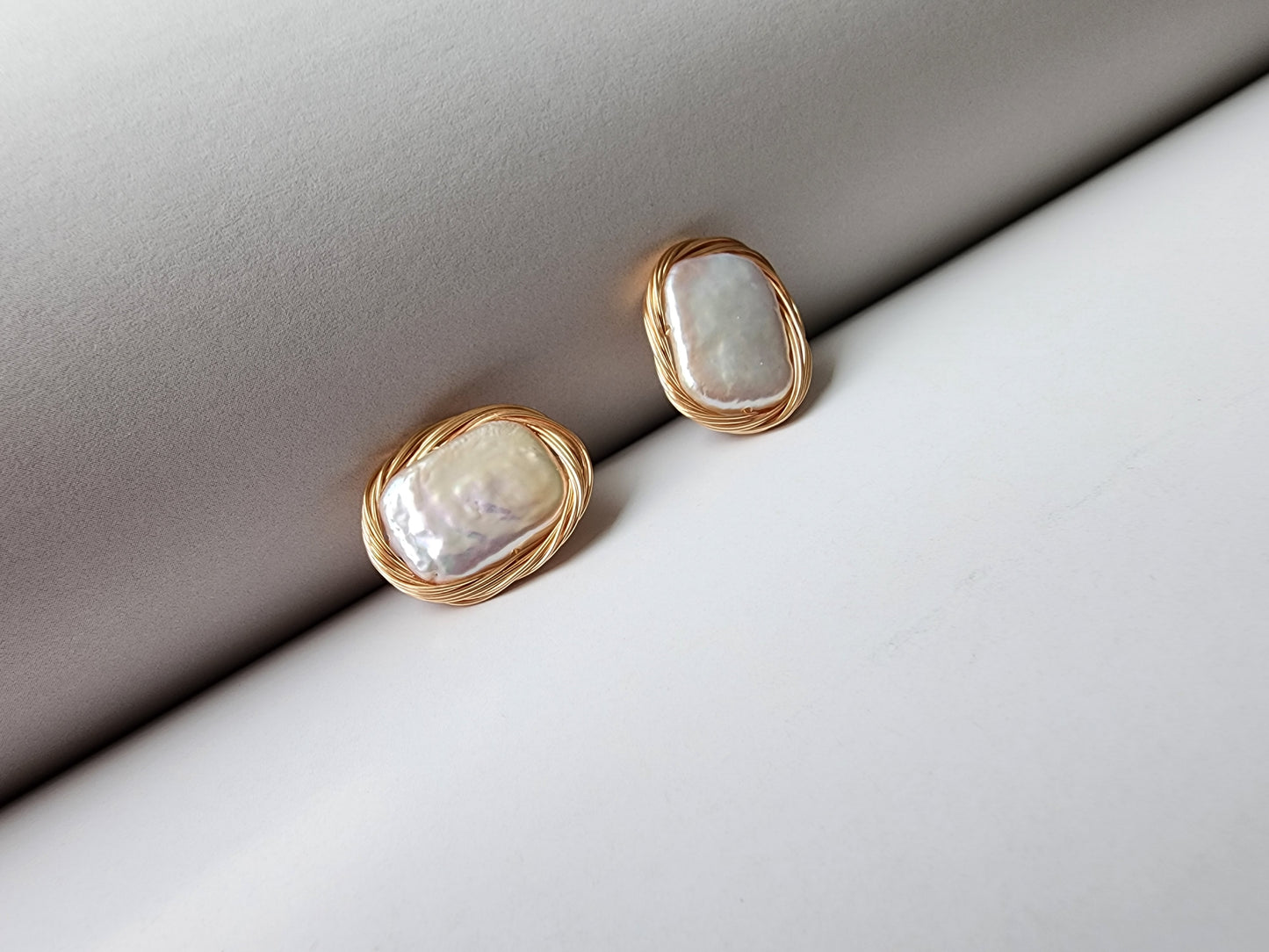 [Earrings] Gold Plated Rectangle Baroque Pearl Earrings with Sterling Silver Posts