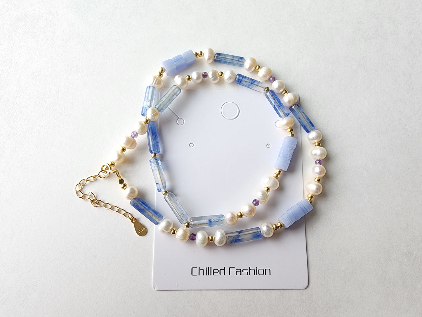 [Necklace] Elegant Sterling Silver Necklace with Blue Chalcedony and Freshwater Pearls