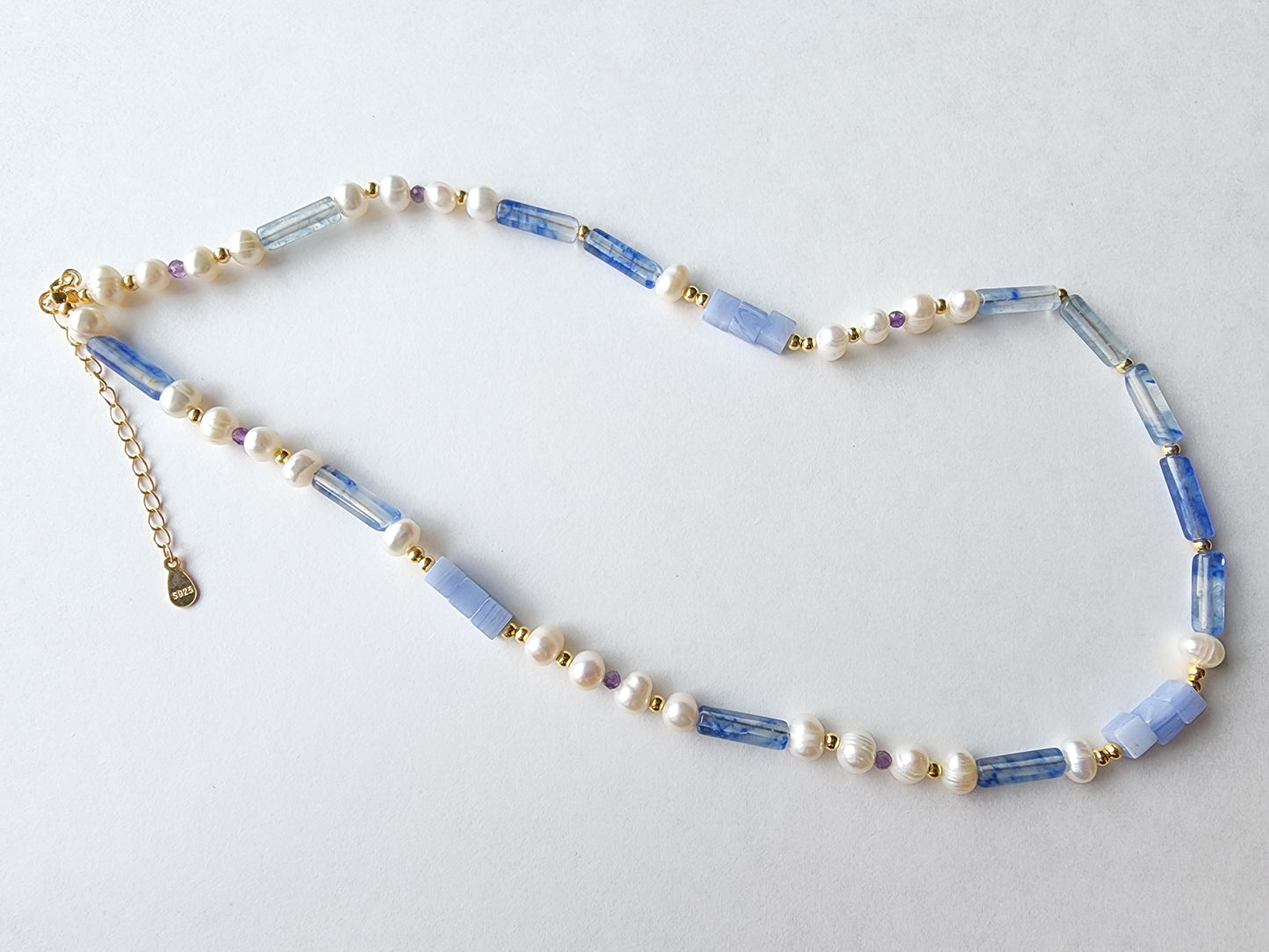 [Necklace] Elegant Sterling Silver Necklace with Blue Chalcedony and Freshwater Pearls