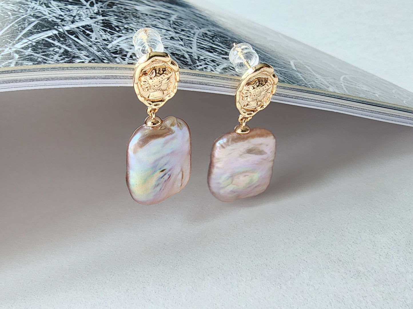 [Earrings] Gold-Plated Brass Earrings with Flat Rectangle Baroque Pearls and Sterling Silver Posts