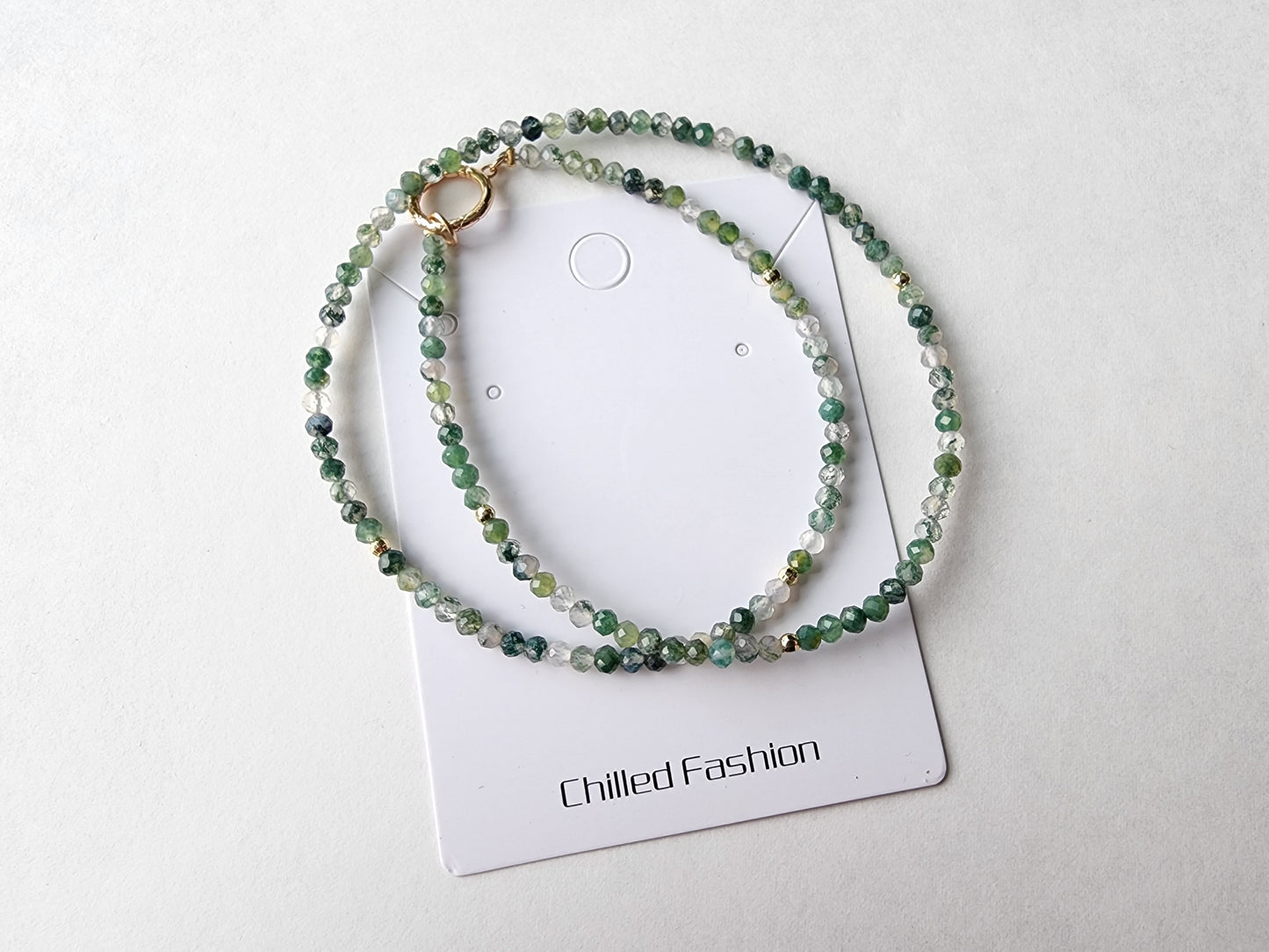 [Necklace] Moss Agate Bead Necklace with Sterling Silver Accents