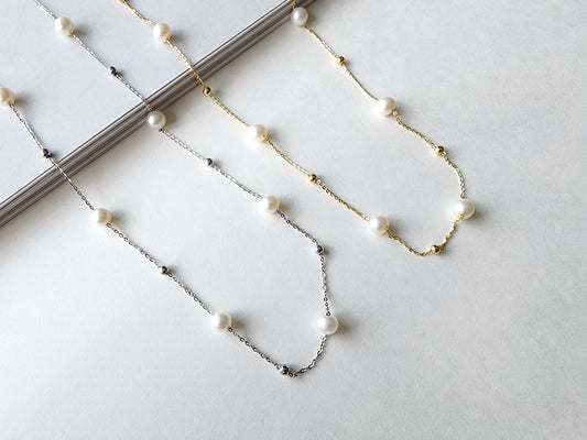 [Necklace] Stunning 9 Pearl Station Necklace with 6-7mm Freshwater Pearls