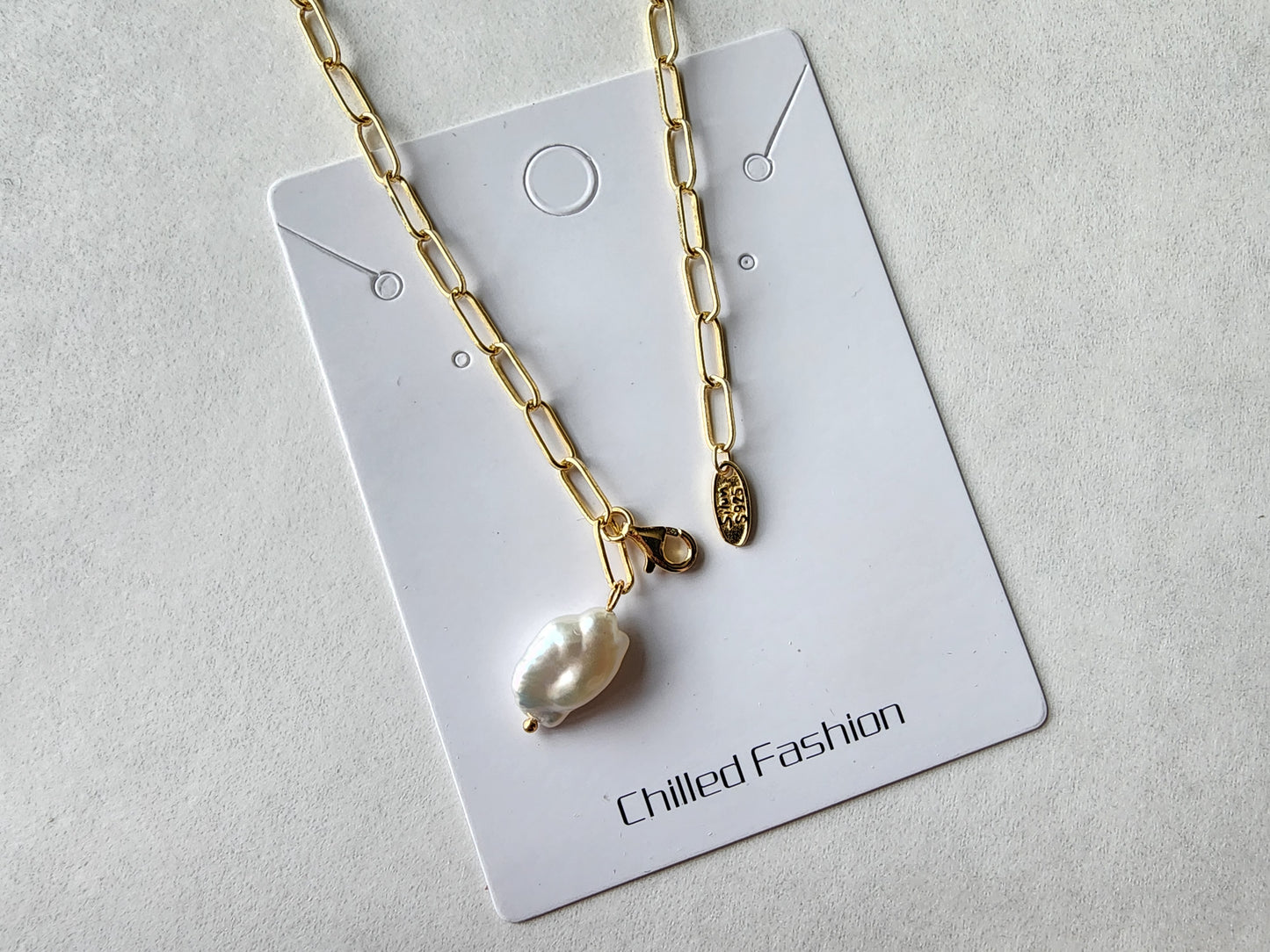 [Necklace] Elegant Baroque Pearl Necklace with Gold Plated Sterling Silver Paperclip Chain