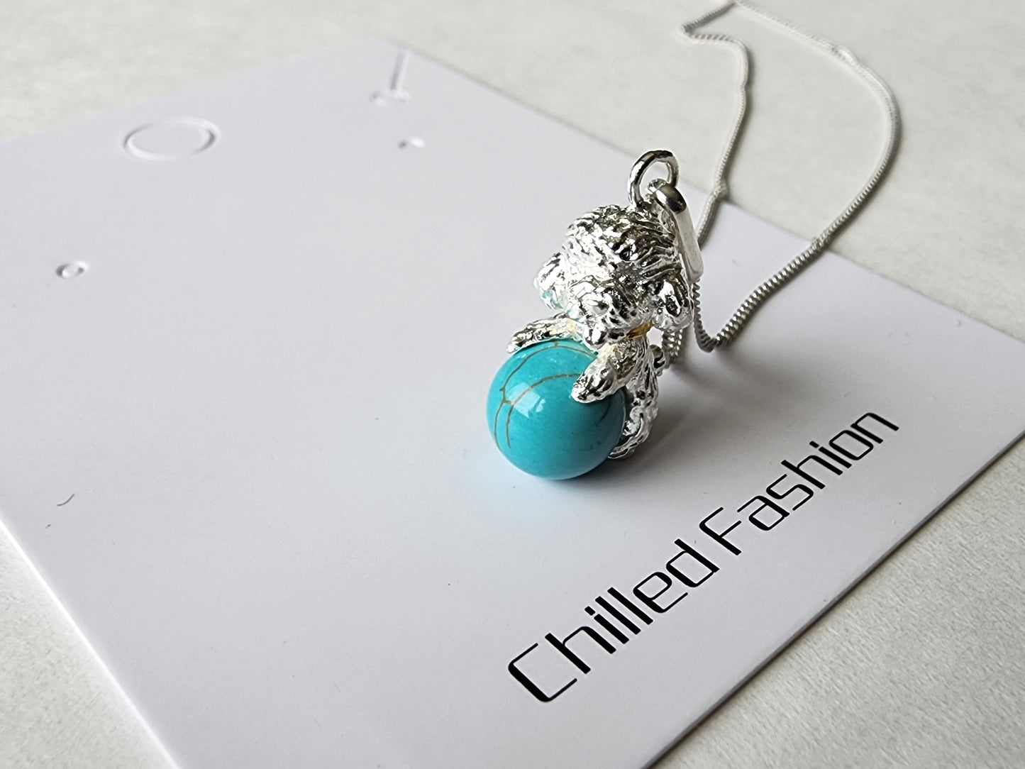 [Necklace] Sterling Silver Teddy Dog Necklace with Turquoise or Freshwater Pearl Ball Pendant