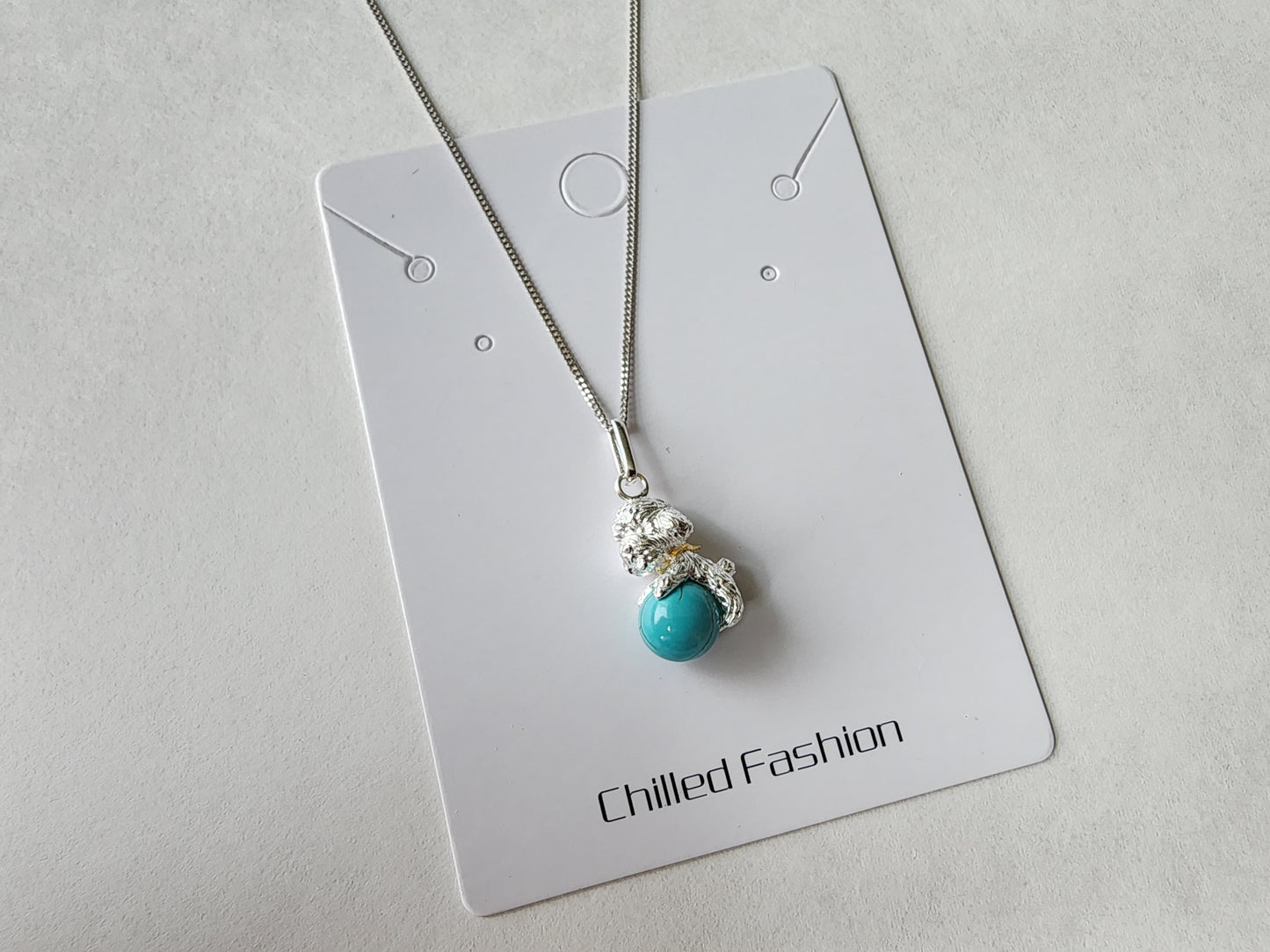 [Necklace] Sterling Silver Teddy Dog Necklace with Turquoise or Freshwater Pearl Ball Pendant