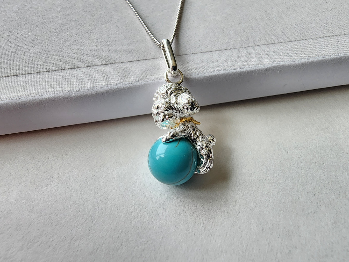 [Necklace] Sterling Silver Teddy Dog Necklace with Turquoise or Freshwater Pearl Ball Pendant