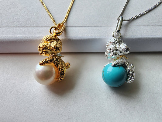 [Necklace] Sterling Silver Teddy Dog Necklace with Turquoise or Freshwater Pearl Ball Pendant