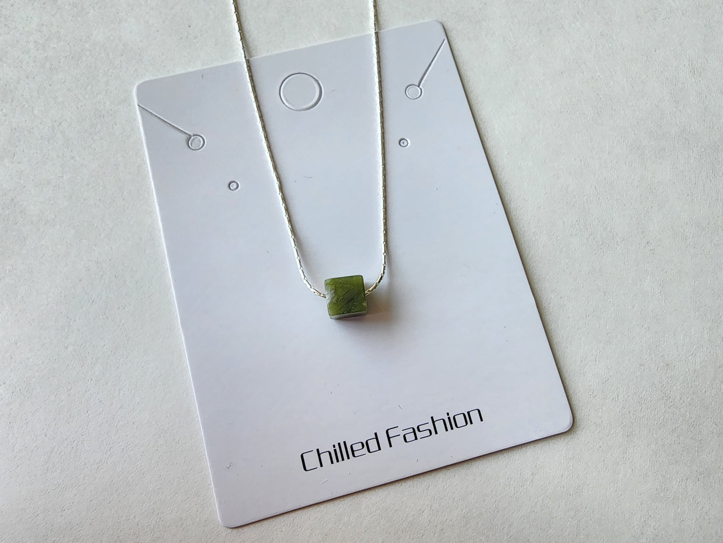 [Necklace] Sterling Silver Cube Necklace with Choice of Light Yellow, Green, or Blue Stone