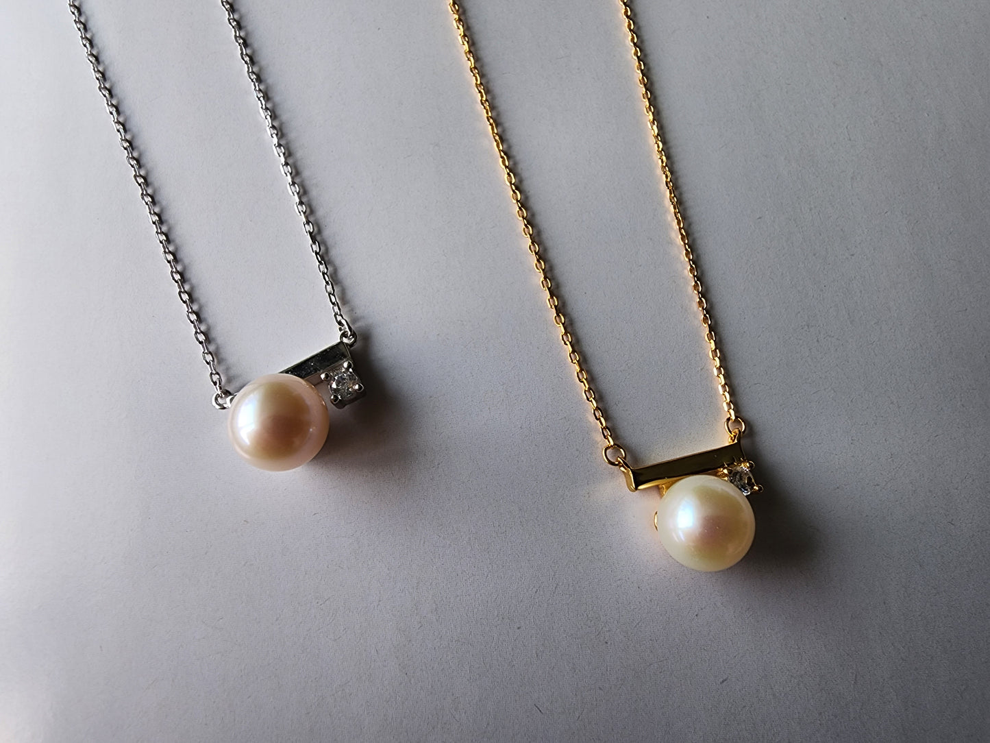 [Necklace] Sterling Silver Beam Necklace with Pearl and Zirconia Diamond