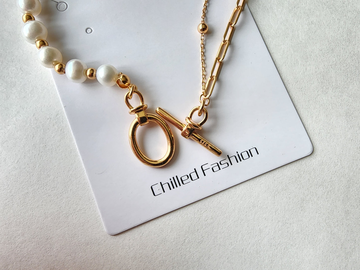 [Necklace] Half Freshwater Pearl and Half Double-layered Sterling Silver Necklace