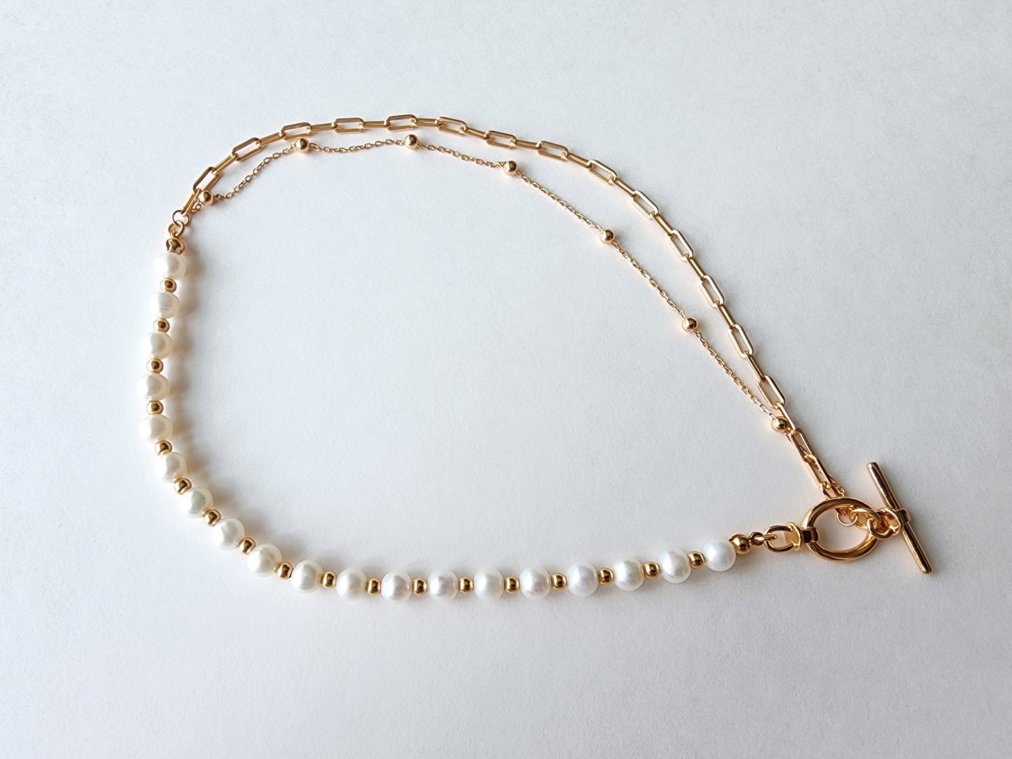 [Necklace] Half Freshwater Pearl and Half Double-layered Sterling Silver Necklace