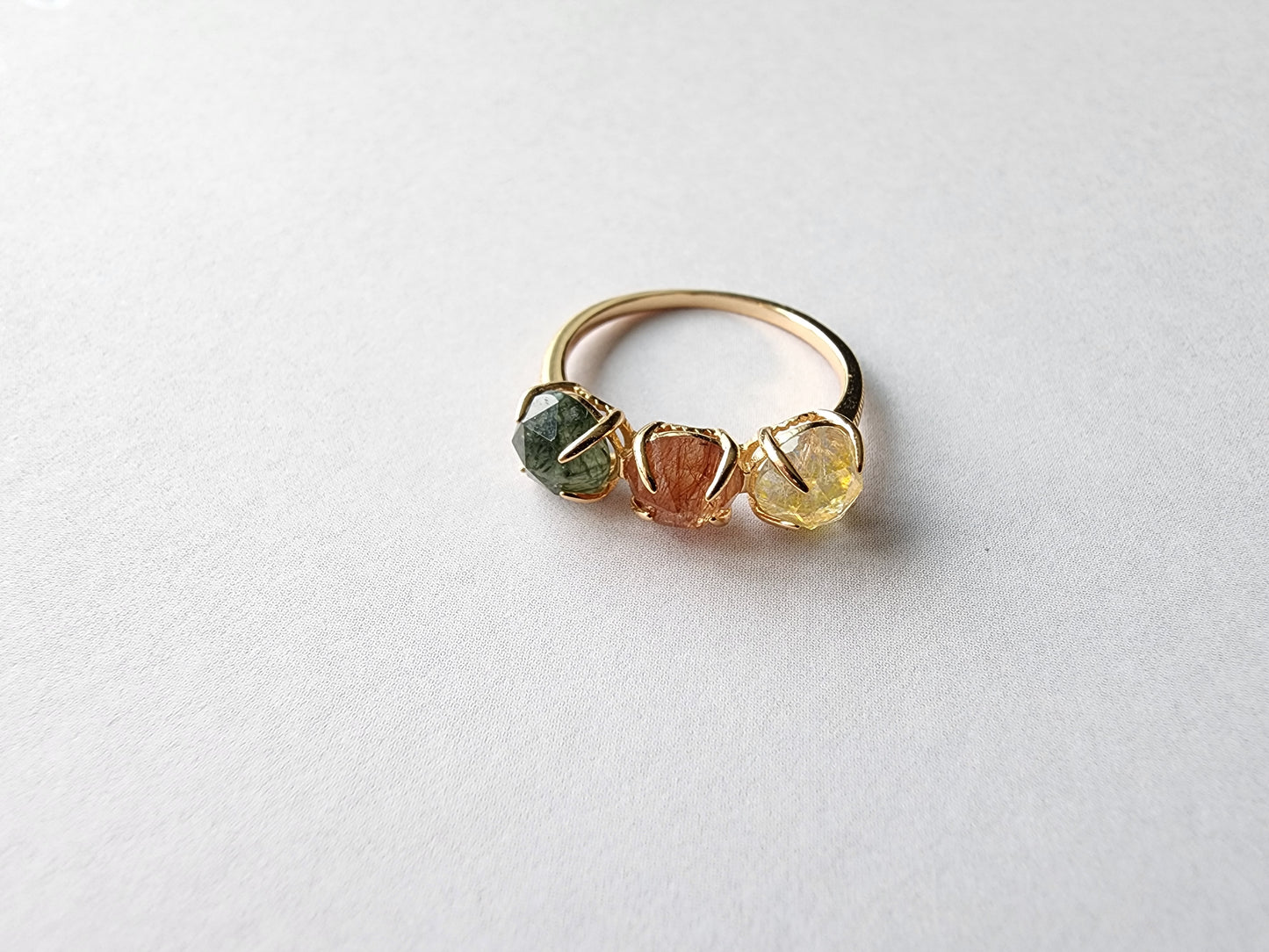 [Ring] Tri-Colored Rutilated Quartz Sterling Silver Ring - A Symphony of Elegance