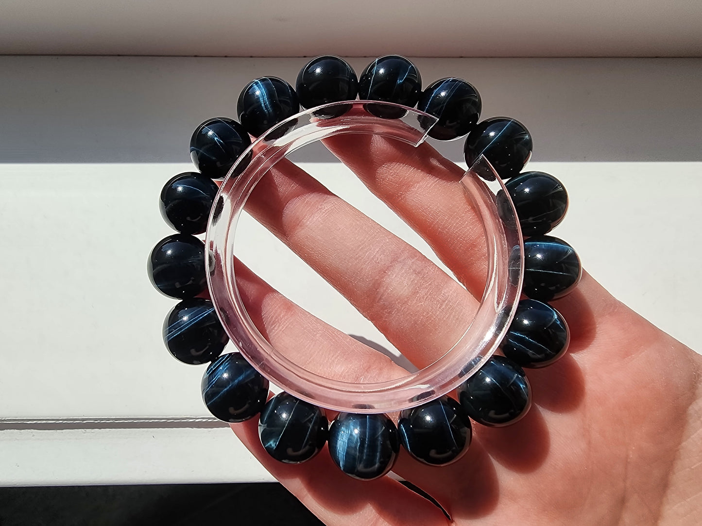 [Bracelet] Calming Blue Tiger's Eye Bracelet: 12mm Round Beads for Strength & Clarity