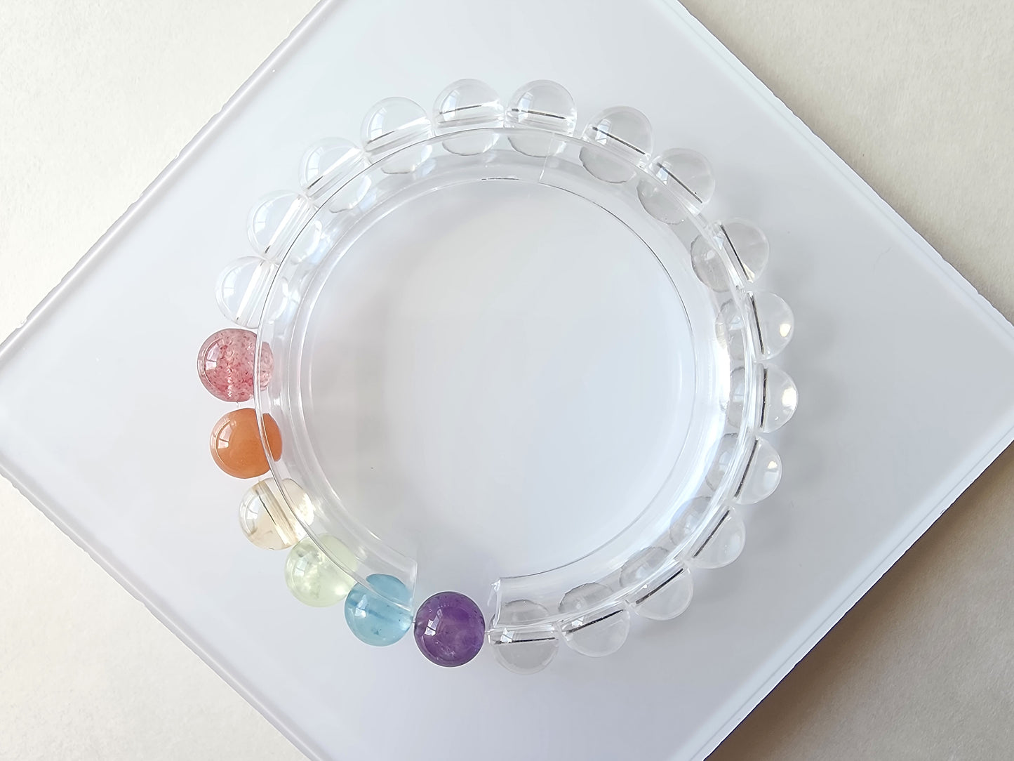 [Bracelet] 8mm Rainbow Energy Healing Bracelet: Clear Quartz with Strawberry Quartz, Orange Moonstone, Yellow Quartz, Prehnite, Aquamarine, and Purple Quartz