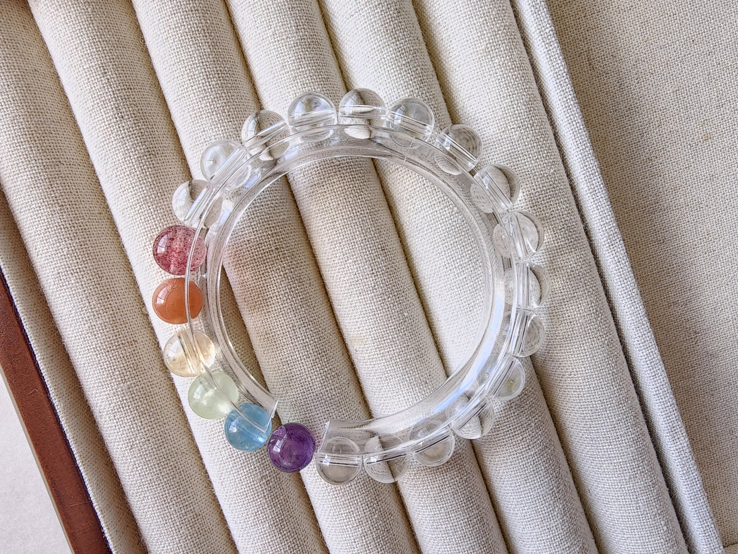 [Bracelet] 8mm Rainbow Energy Healing Bracelet: Clear Quartz with Strawberry Quartz, Orange Moonstone, Yellow Quartz, Prehnite, Aquamarine, and Purple Quartz