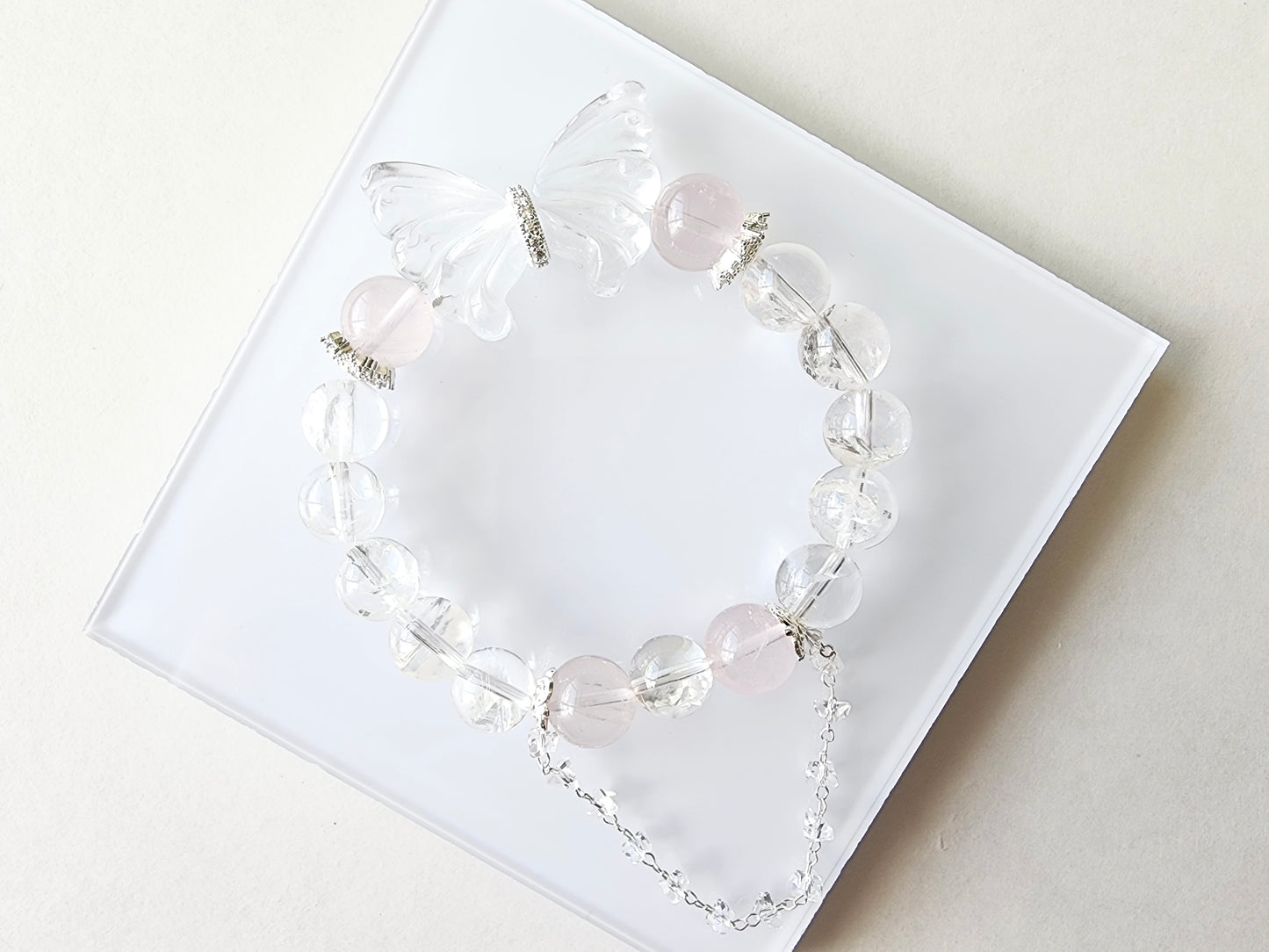 [Bracelet] 10mm Rose Quartz & Clear Quartz Bracelet with Butterfly Wings