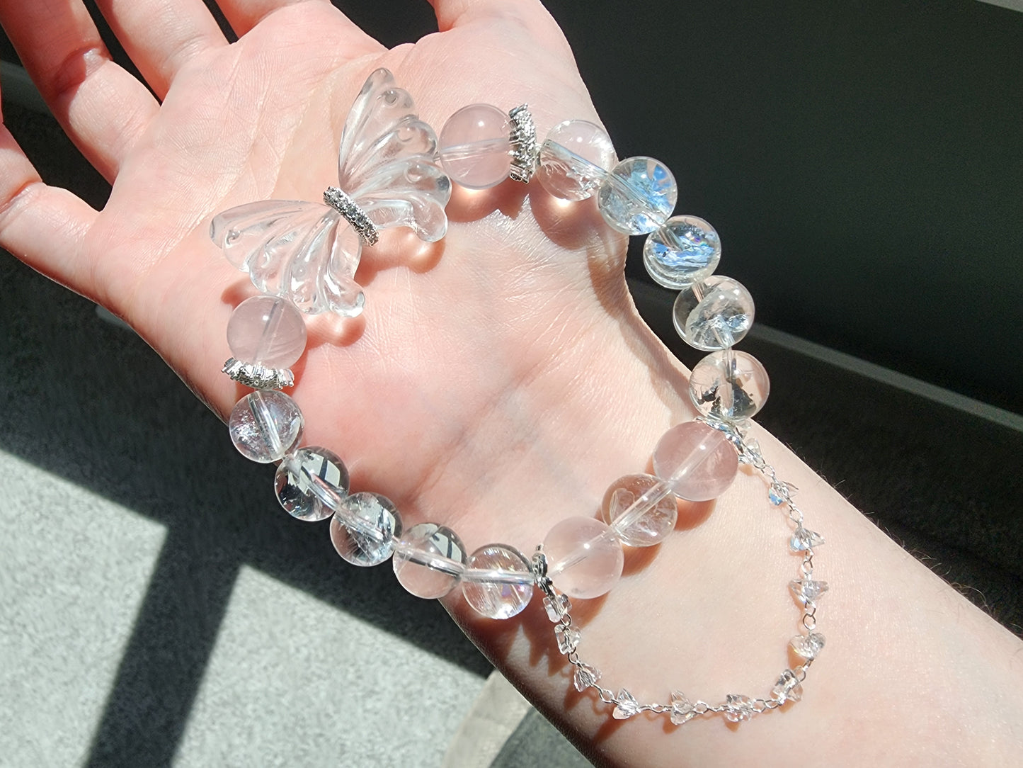 [Bracelet] 10mm Rose Quartz & Clear Quartz Bracelet with Butterfly Wings