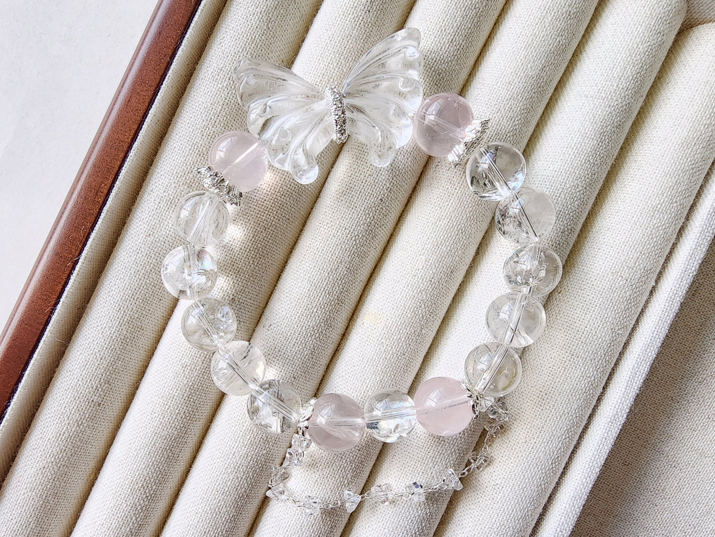 [Bracelet] 10mm Rose Quartz & Clear Quartz Bracelet with Butterfly Wings