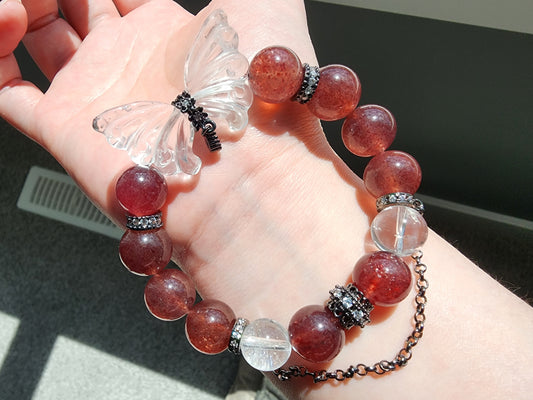 [Bracelet] 12mm Strawberry Quartz and Clear Quartz Bracelet with Carved Butterfly Wings