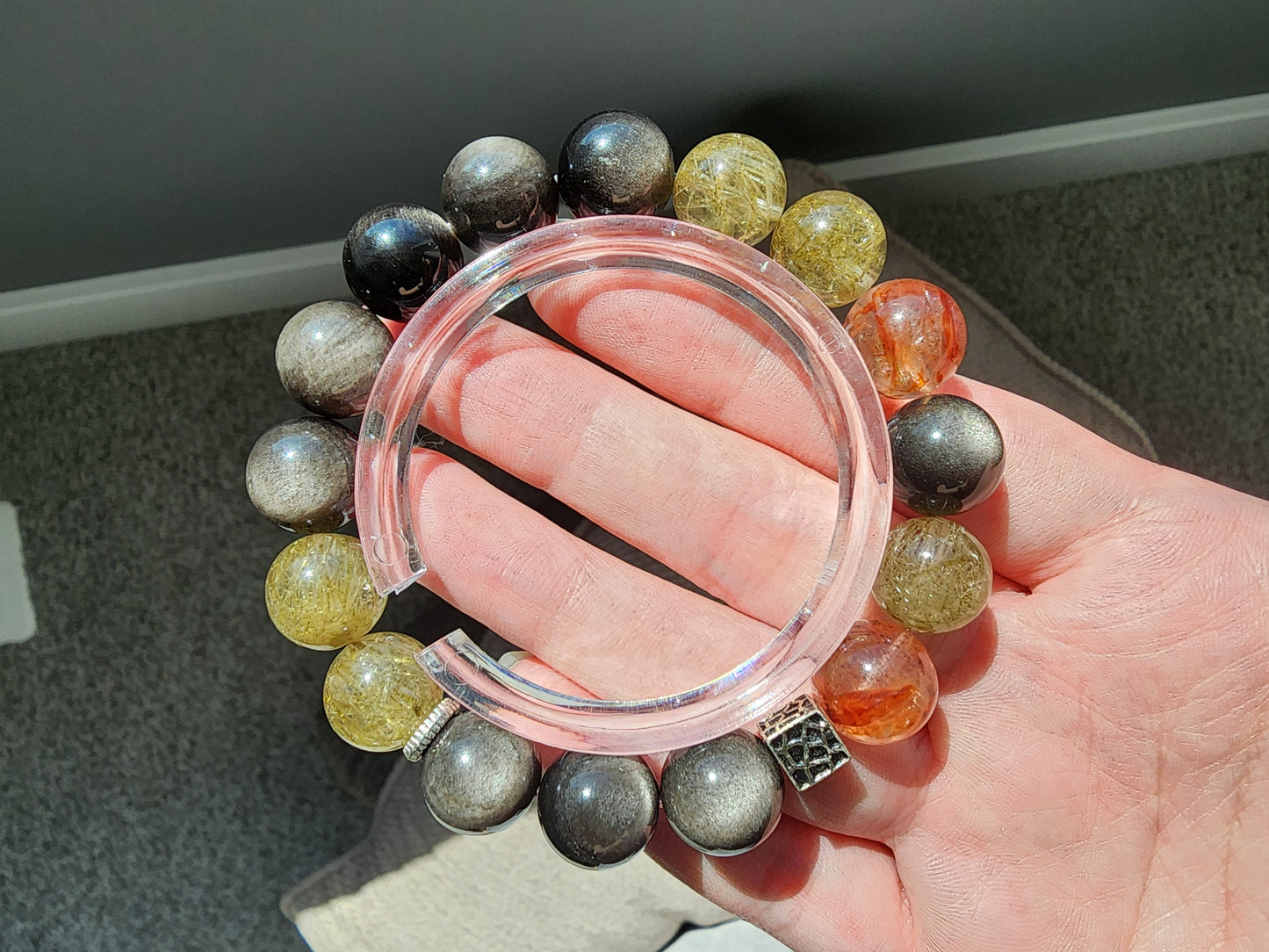 [Bracelet] 12mm Triple Gemstone Bracelet: Silver Obsidian, Green Rutilated Quartz, Red Hematoid Quartz