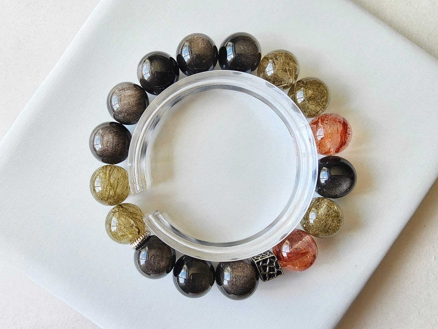 [Bracelet] 12mm Triple Gemstone Bracelet: Silver Obsidian, Green Rutilated Quartz, Red Hematoid Quartz