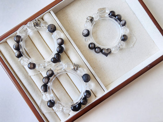 [Bracelet] 12mm Natural Silver Obsidian with Clear Quartz Bracelet