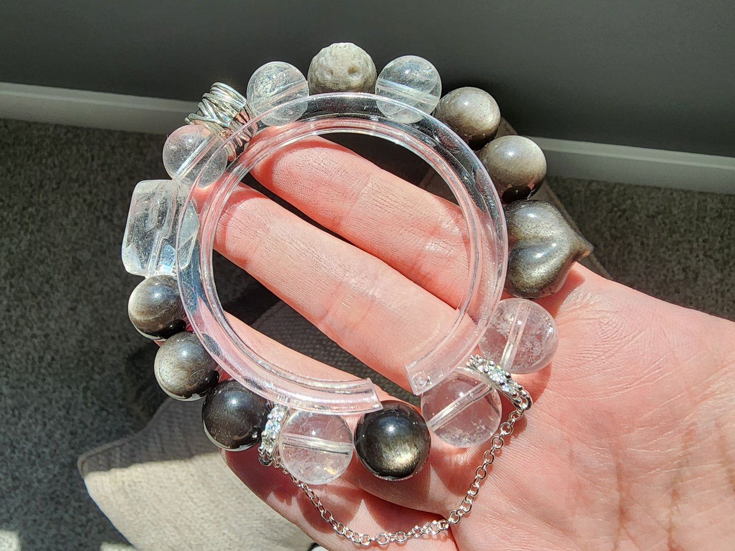 [Bracelet] 12mm Natural Silver Obsidian with Clear Quartz Bracelet