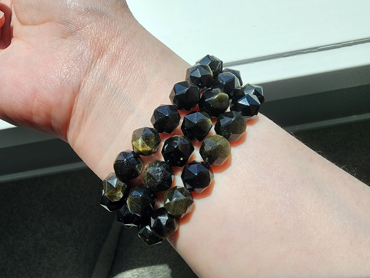 [Bracelet] 10mm Faceted Gold Sheen Obsidian Bracelet