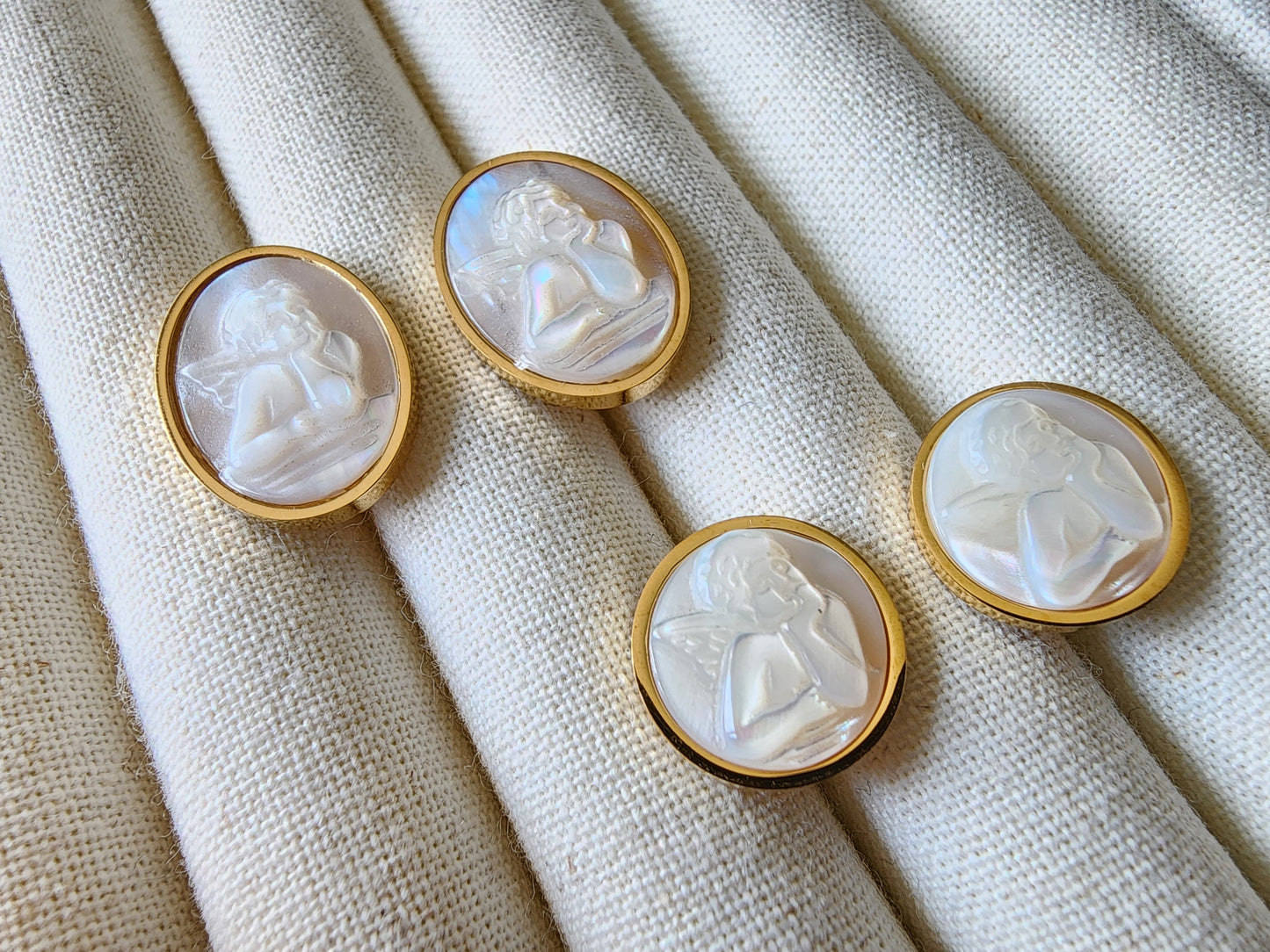 [Earrings] Angel Engraved Mother of Pearl Stud Earrings in Gold Plated Brass