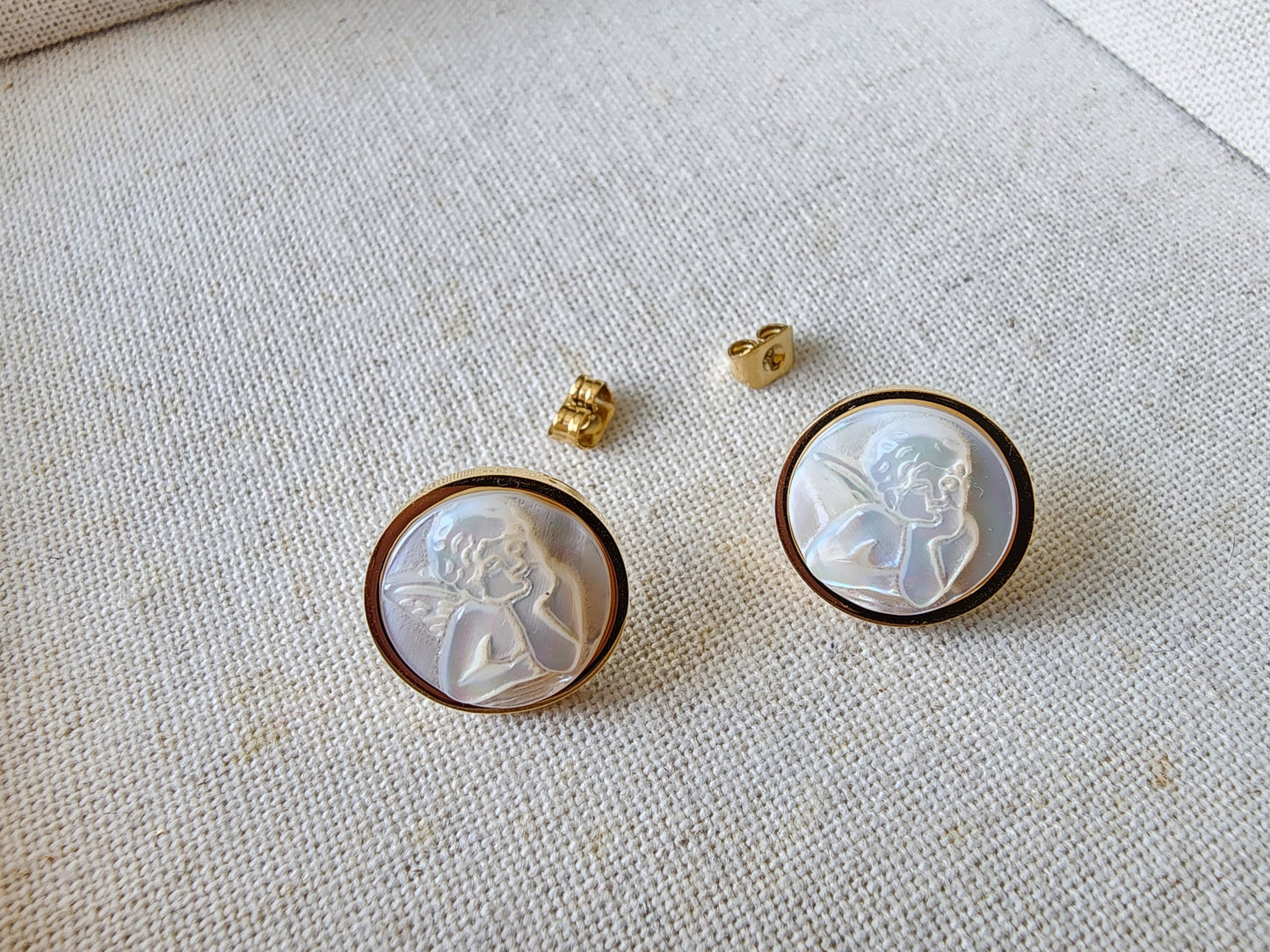 [Earrings] Angel Engraved Mother of Pearl Stud Earrings in Gold Plated Brass