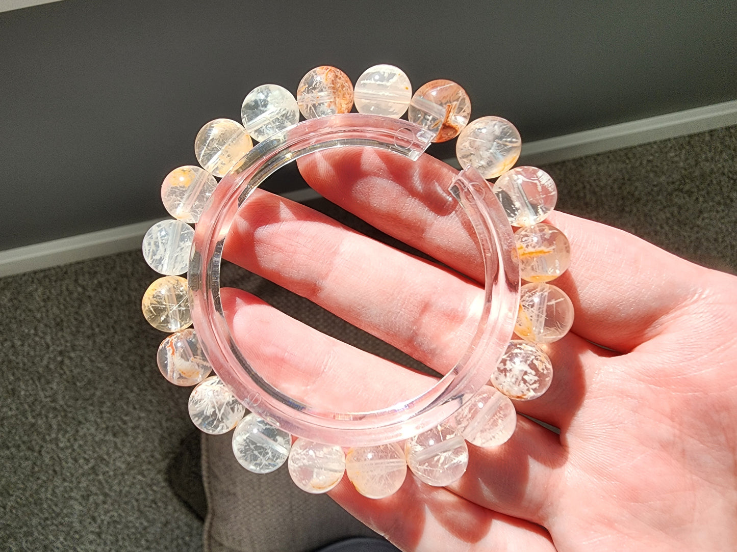 [Bracelet] 9mm Orange Phantom Quartz Bracelet with Snow Frost Rutilated Inclusions