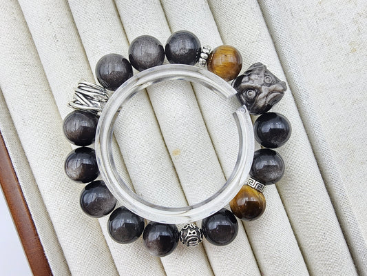 [Bracelet] 12mm Silver Obsidian Bracelet with Tiger's Eye and Lion Charm Bead