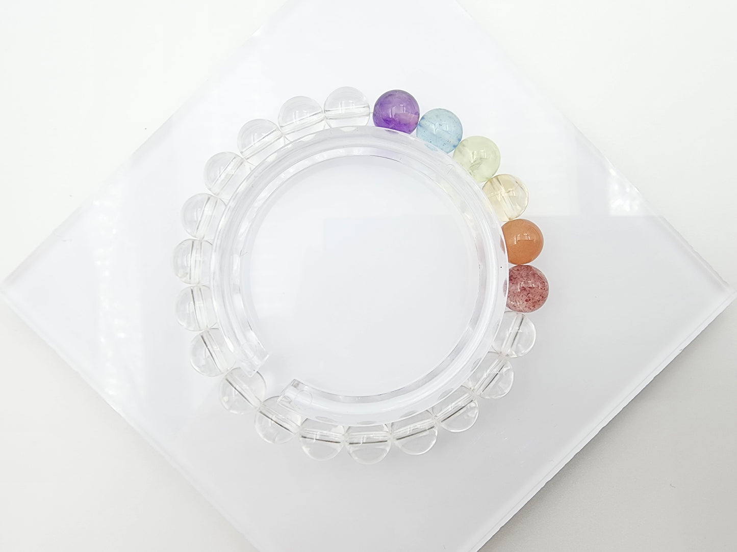 [Bracelet] 8mm Rainbow Energy Healing Bracelet: Clear Quartz with Strawberry Quartz, Orange Moonstone, Yellow Quartz, Prehnite, Aquamarine, and Purple Quartz